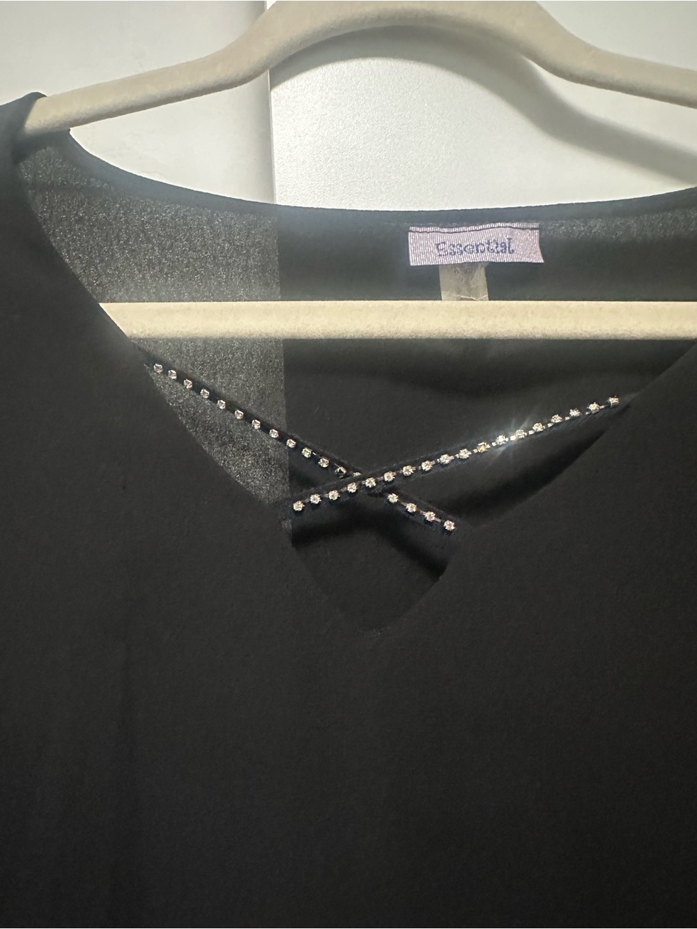 Essentials Black Women's Top with Rhinestone Crisscross Detail